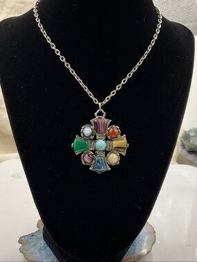 Vtg.24”Hollywood Regency 1950’s Necklace With Multicolor Gemstone Cross Pendant